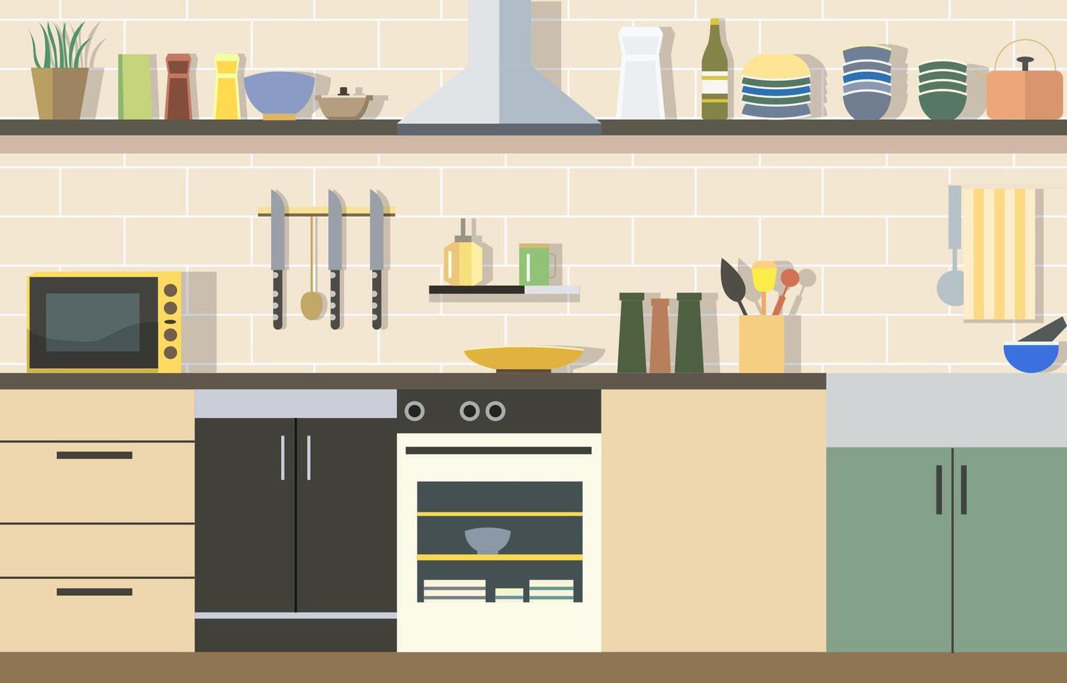 Flat Design of Kitchen in Restaurant with Kitchen Utensils and Storage Shelves vector
