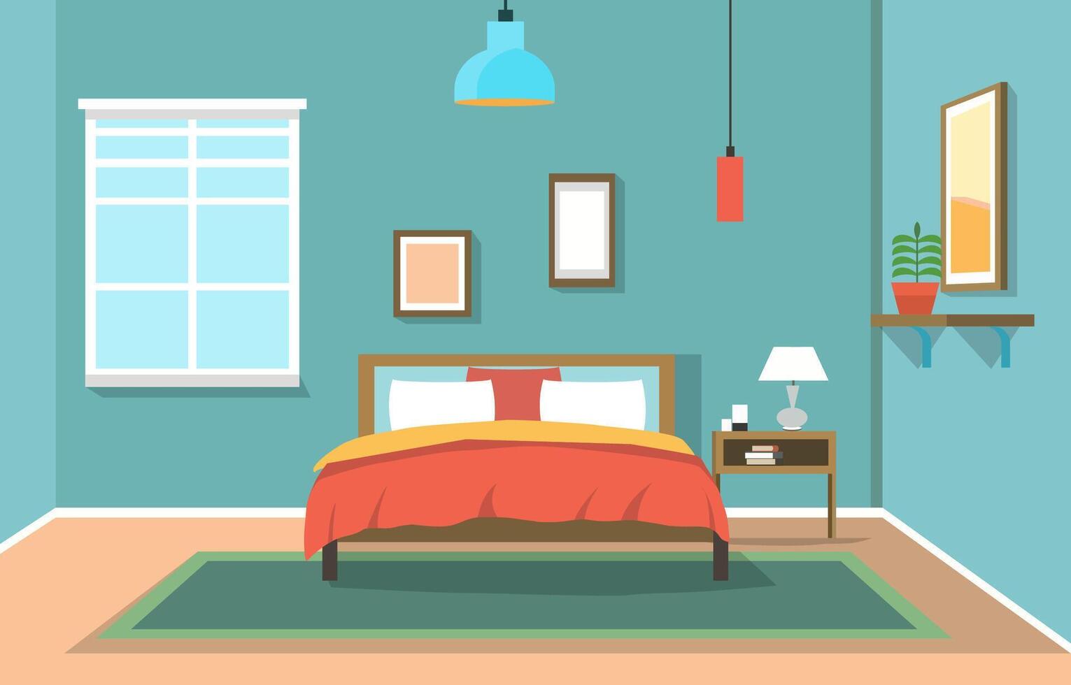 Flat Design of Bedroom with Bed Furniture Window in Simple House vector