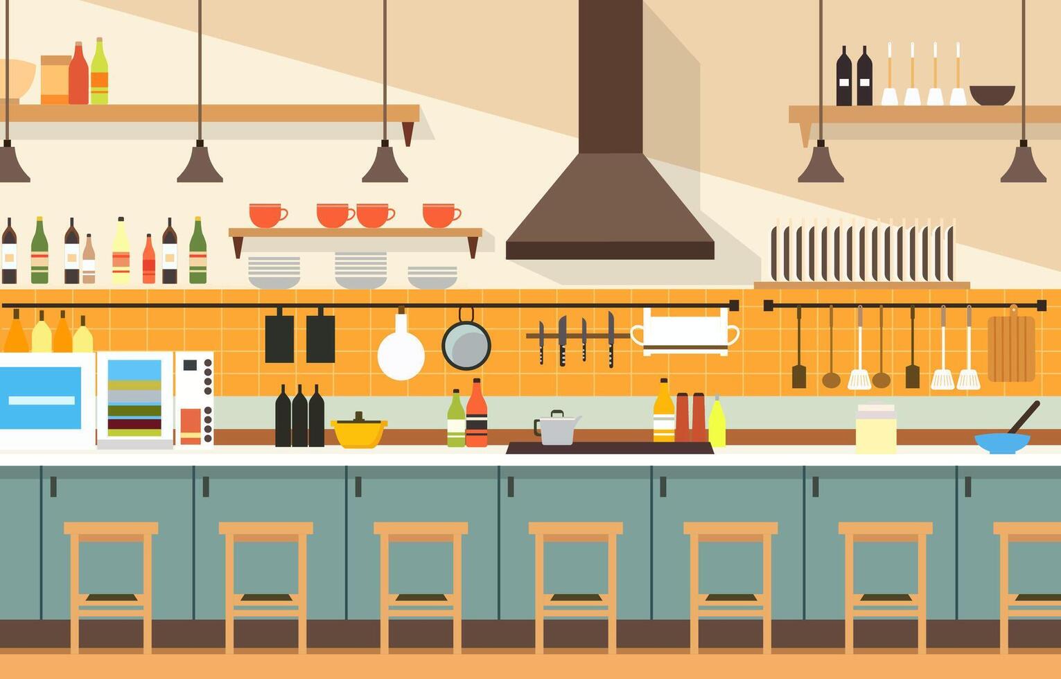 Flat Design of Kitchen in Restaurant with Kitchen Utensils and Customer Chairs vector