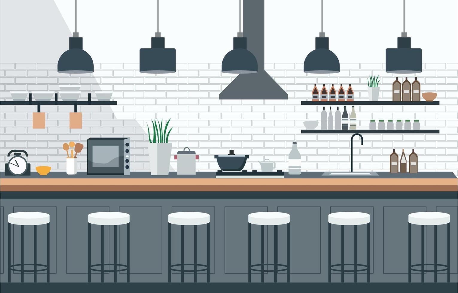 Flat Design of Kitchen in Restaurant with Kitchen Utensils and Customer Chairs vector