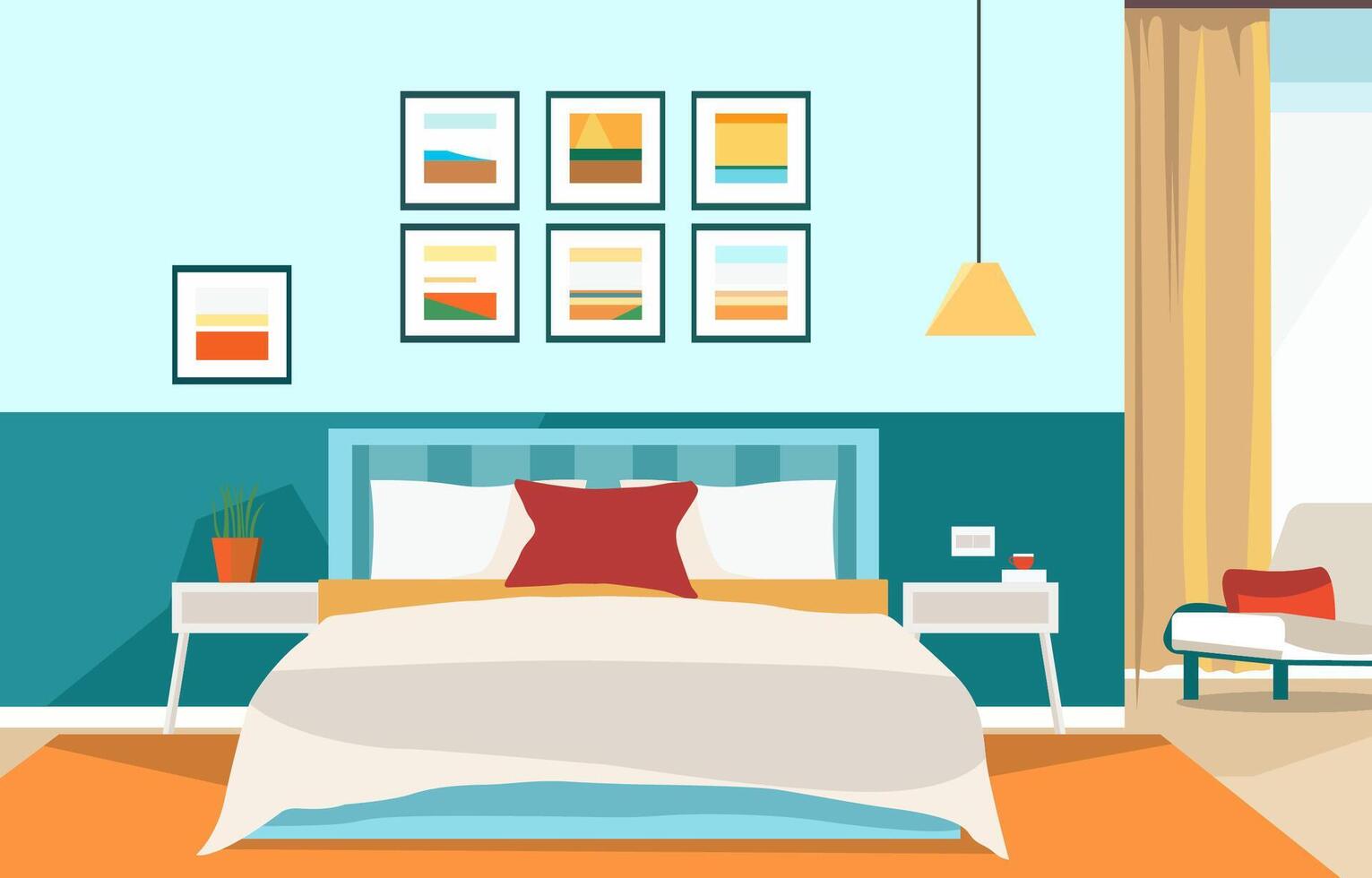 Flat Design of Bedroom Interior with Bed Furniture and Window in Home vector