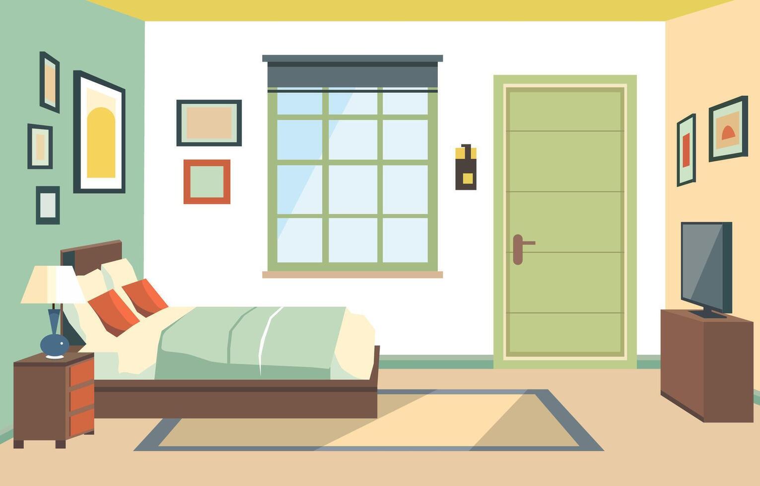 Flat Design of Bedroom Interior with Bed Furniture and Window in Home vector
