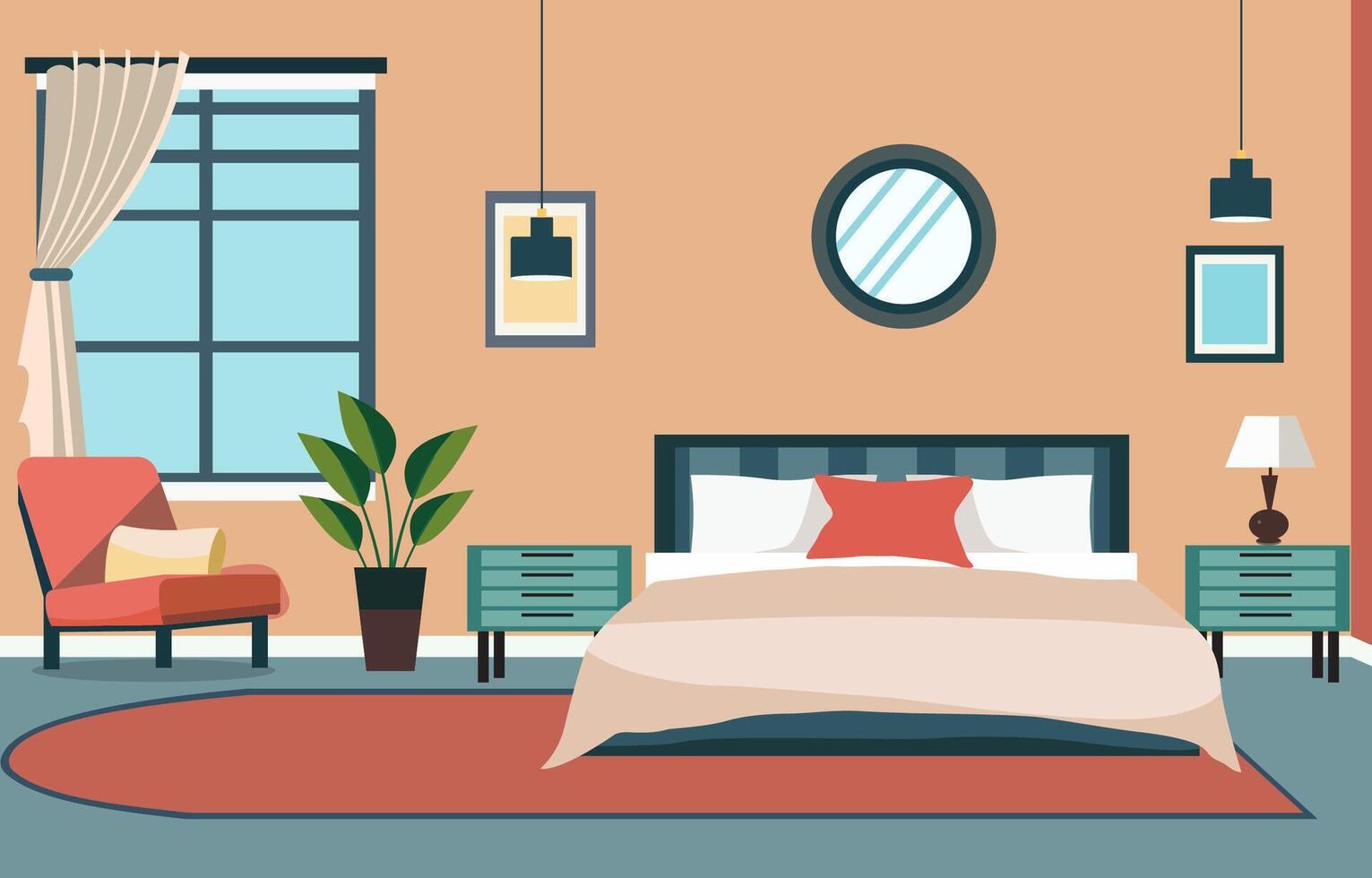 Flat Design of Bedroom Interior with Bed Furniture and Window in Home vector