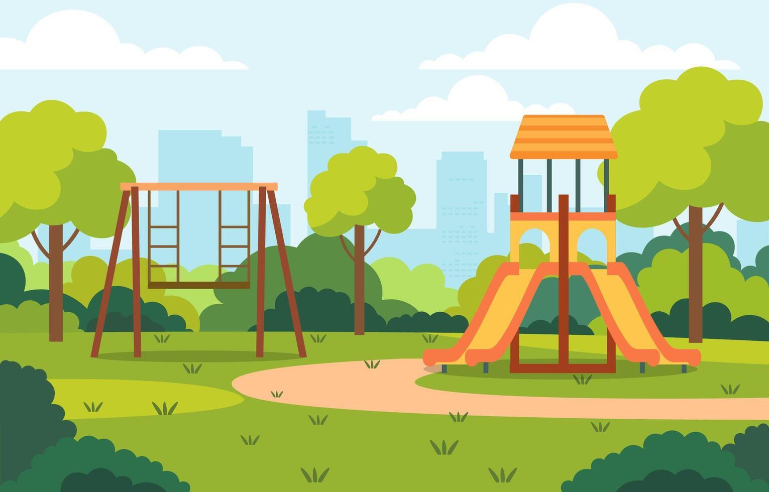 Flat Design Illustration of Slide in City Park with Green Trees in Bright Day vector