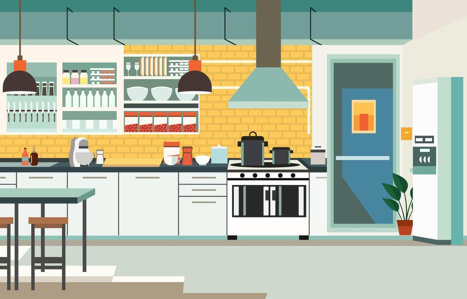 Flat Design of Modern Kitchen Interior in Restaurant with Kitchen Utensils and Dining Table vector