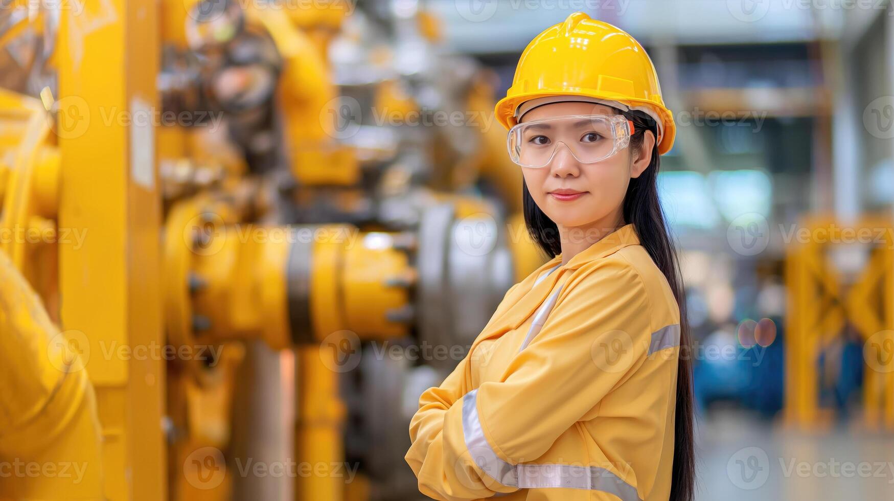ai generado mujer ingeniero en difícil sombrero y lentes en pie en un fábrica, calor y energía industria, generativo ai foto