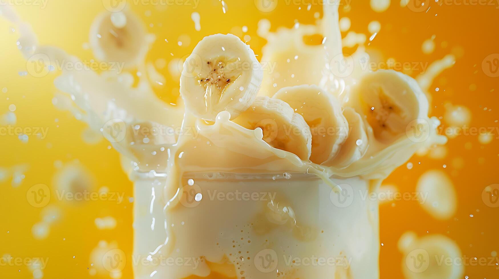 AI generated splash of milkshake with exploding banana slices amid milk splashes photo