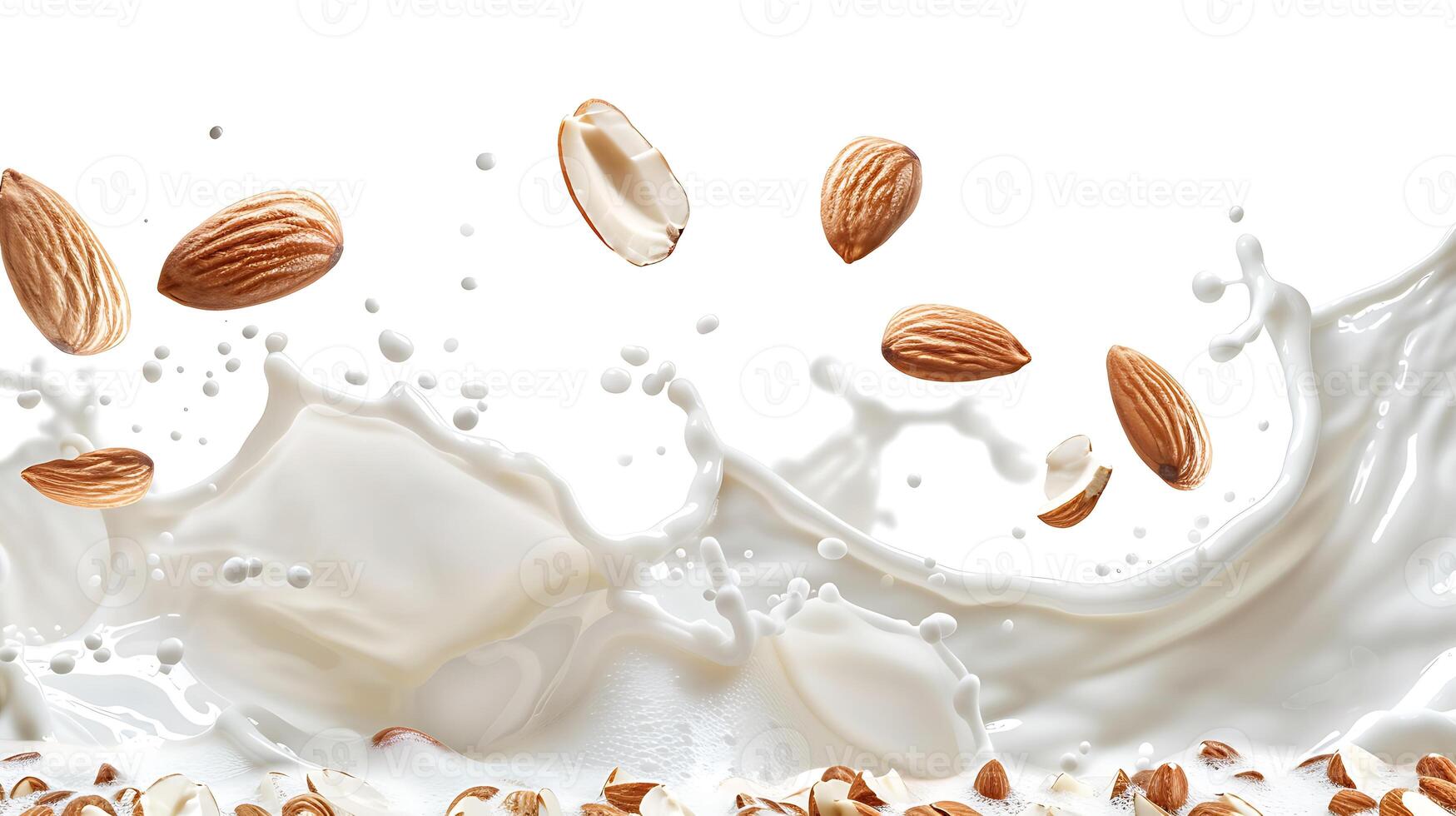 AI generated milk splash with almond kernels on a solid white background, photo