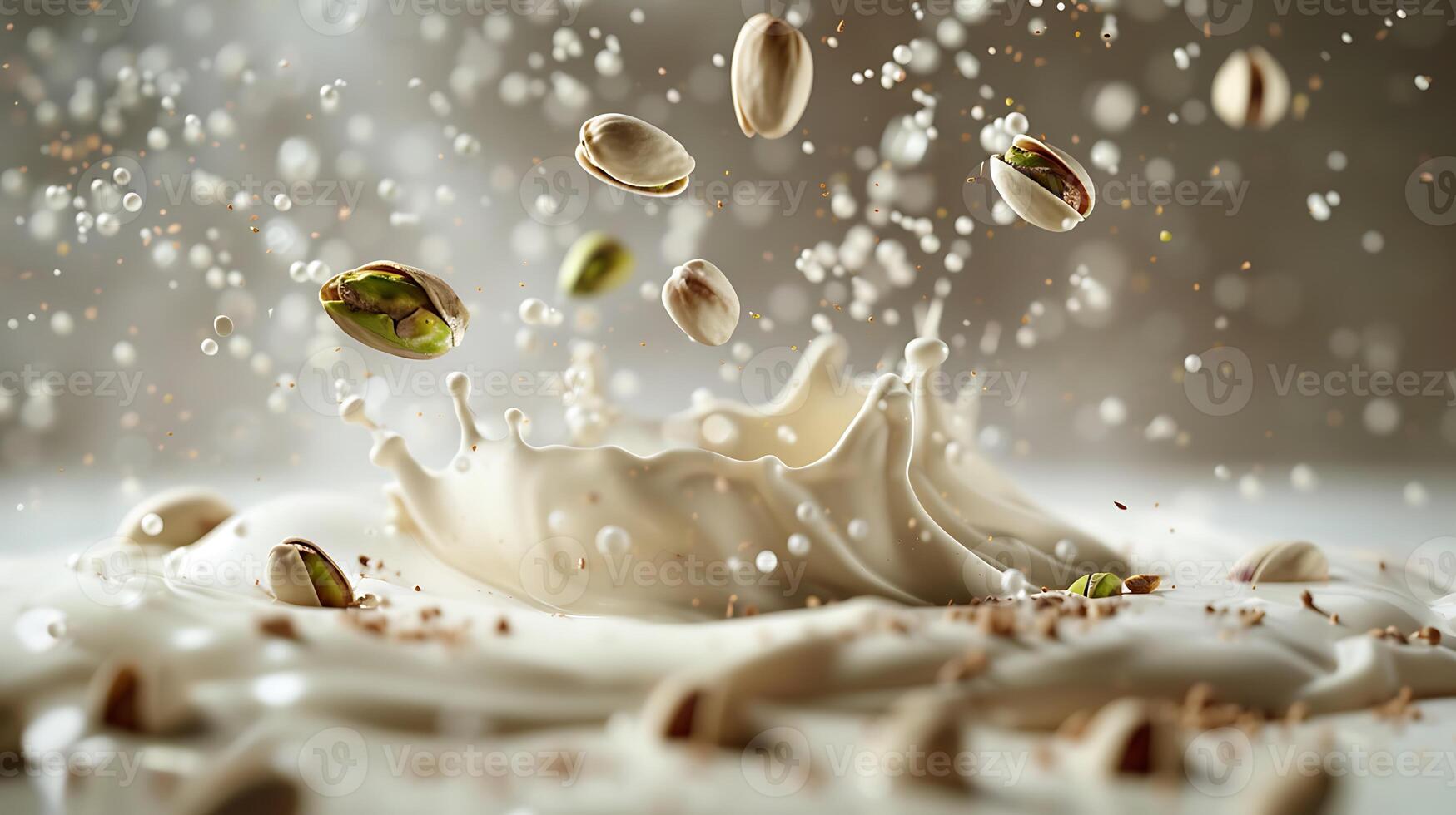 AI generated Pistachios falling into white milk on a light green background photo