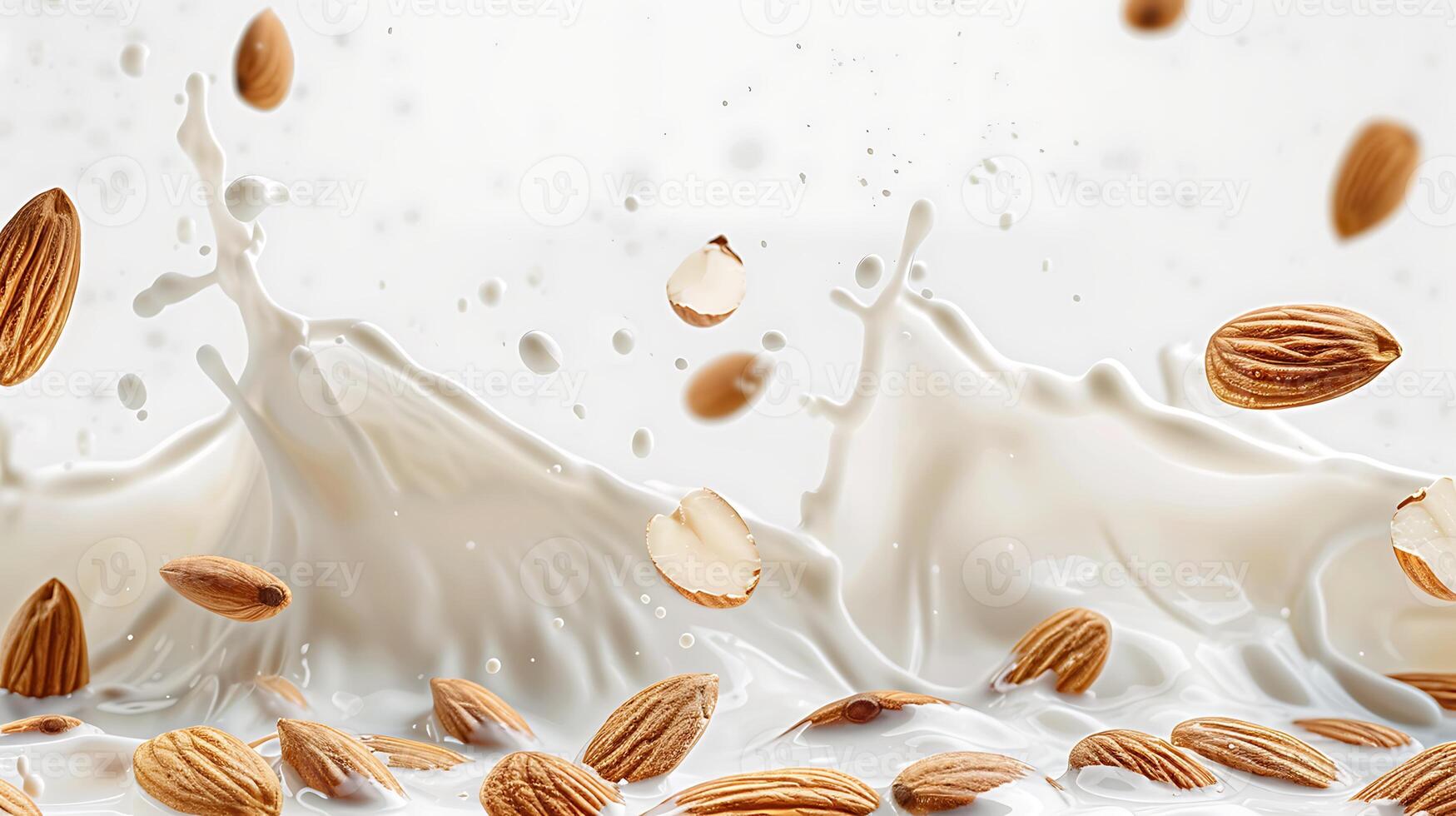 AI generated milk splash with almond kernels on a solid white background, photo