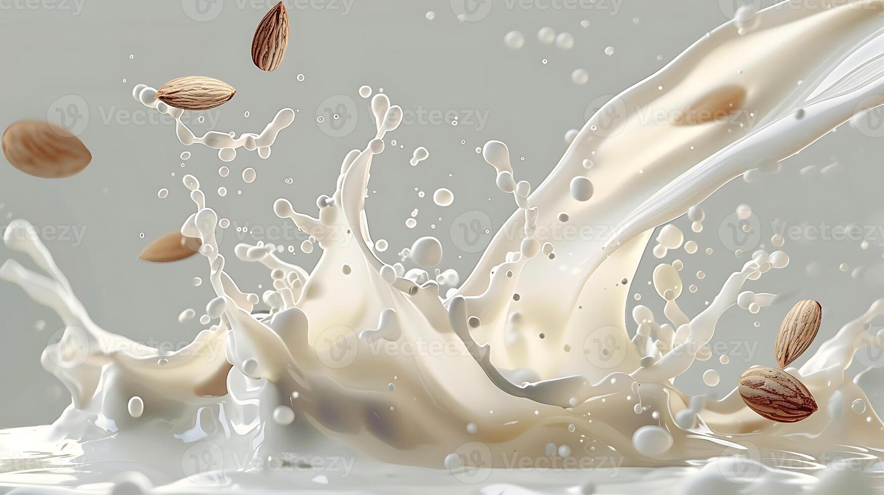 AI generated milk splash with almond kernels on a solid white background, photo