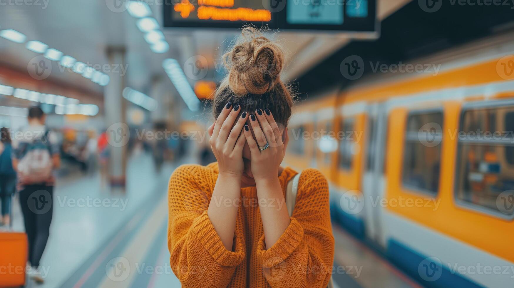 ai generado invisible dolor, abrumado y ansioso mujer a un concurrido tren estación, generativo ai foto