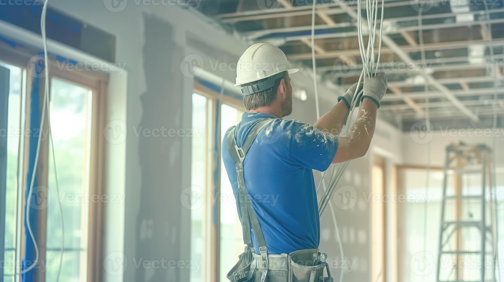 AI generated Powering Up, Wiring with Precision, Electrician Installer Working on Construction Site, Generative AI photo