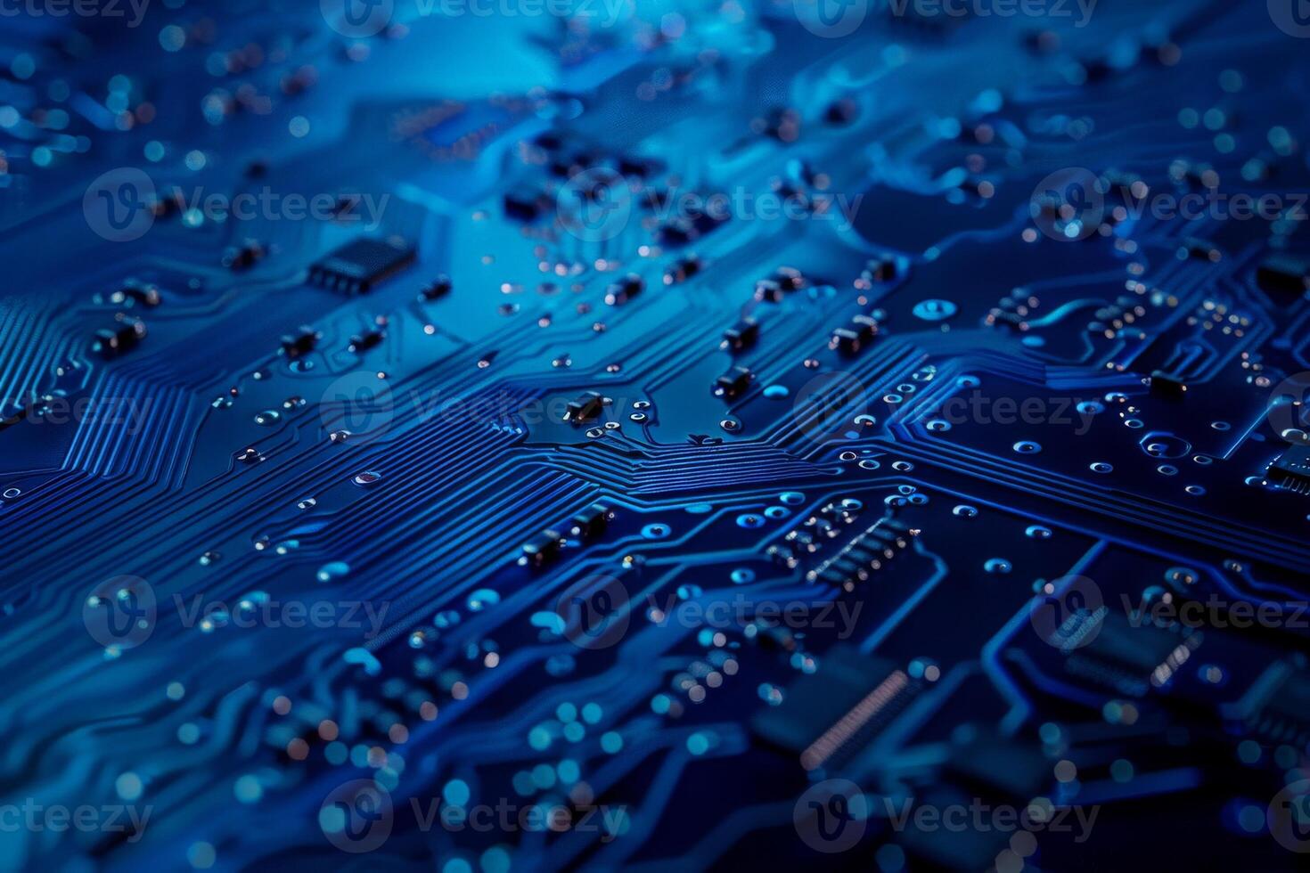 AI generated A close-up view of a computer circuit board showcasing intricate patterns and connections. photo