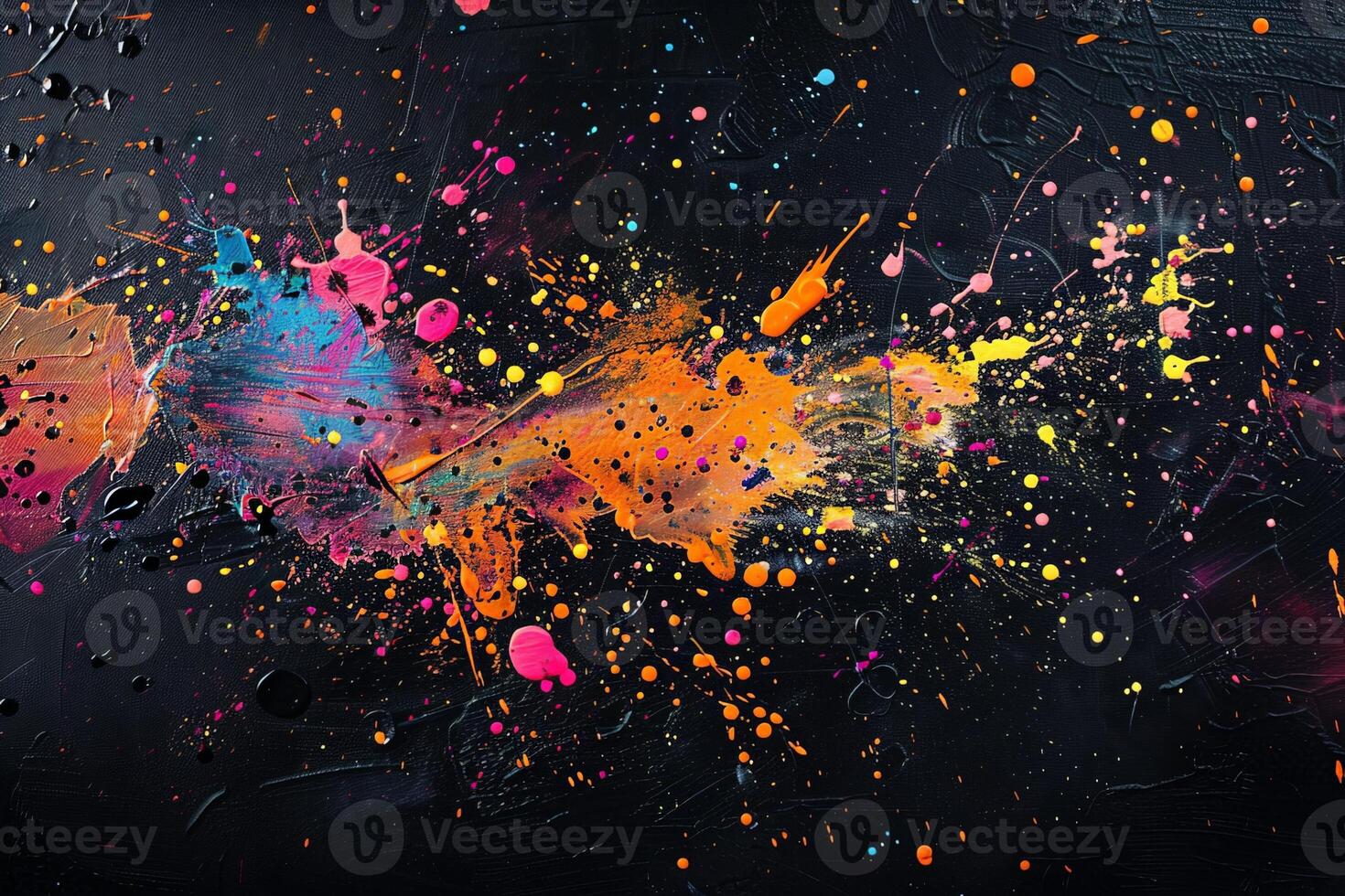AI generated Abstract painting with colorful paint splattered on a black background, creating a vibrant and chaotic display of colors. photo