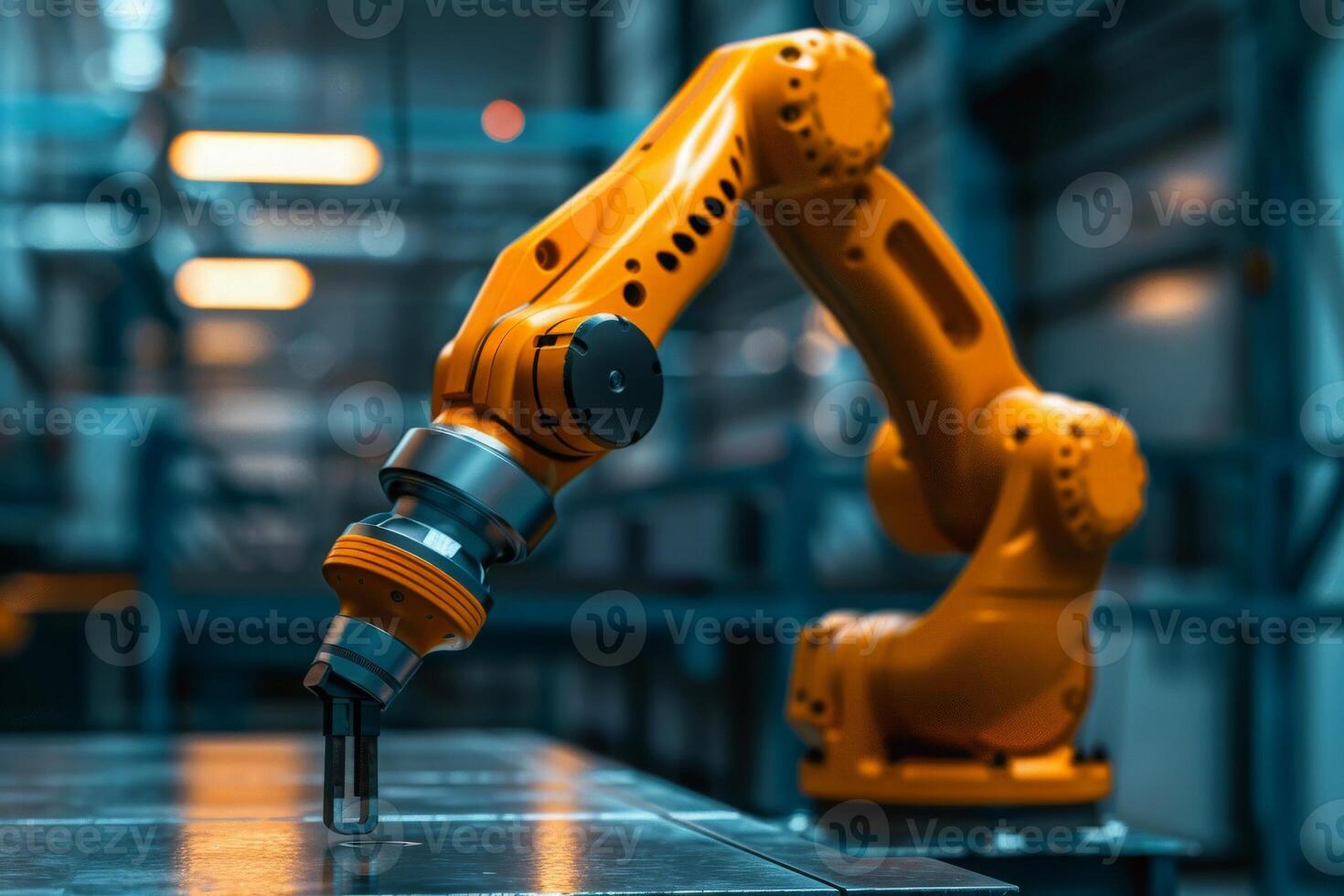 AI generated A high precision robotic arm meticulously works on a piece of metal in a manufacturing facility. photo