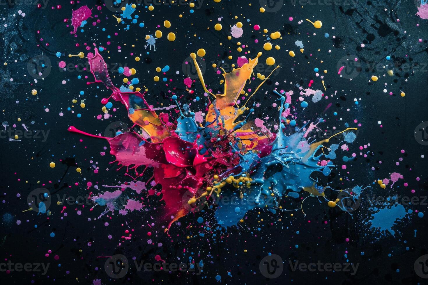 AI generated A vivid burst of colorful paint splatters contrasts artistically against a deep black background, creating a dynamic and visually striking composition. photo