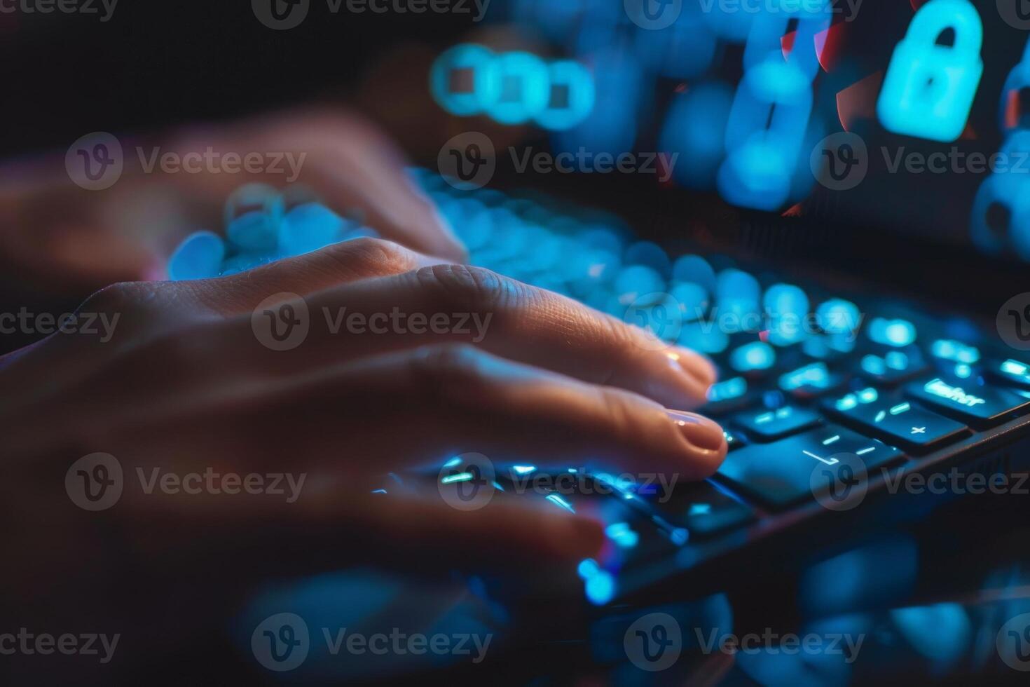 AI generated A close-up view of agile hands typing rhythmically on a keyboard, passionately composing digital art. photo