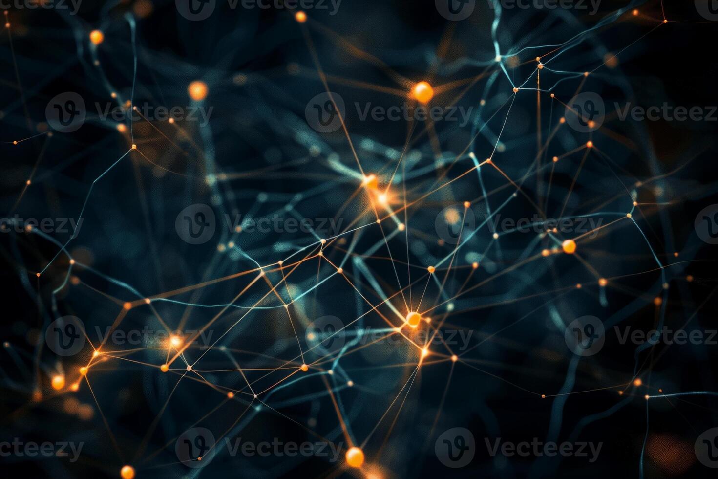 AI generated Dark background illuminated by glowing lights and lines forming an isolated neural network diagram. photo