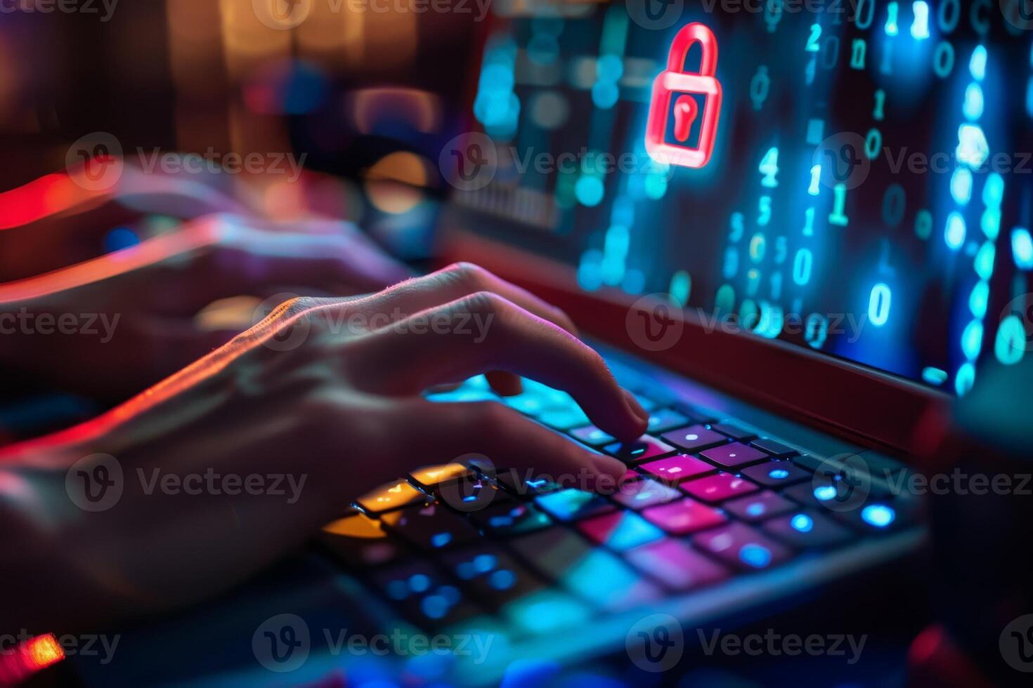 AI generated Close-up of person typing on a laptop with a padlock symbolizing security and protection of data. photo