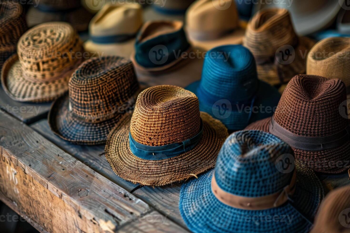 AI generated A collection of handcrafted hats of various styles and colors arranged neatly on a wooden table. photo