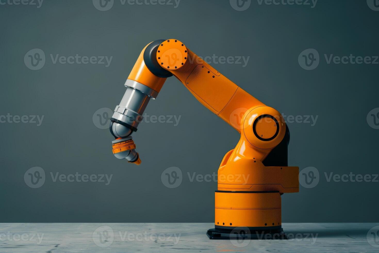 AI generated An orange robot, sleek and futuristic, stands confidently upon a table, exuding an air of advanced technology and precision. photo