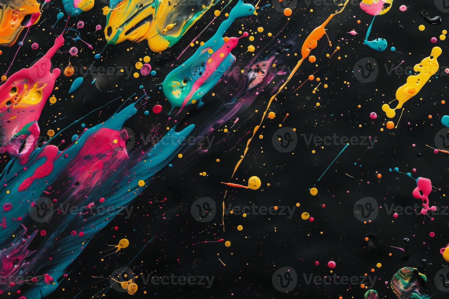 AI generated Vivid, multicolored paint splatters playfully dance across a sleek black backdrop, creating a mesmerizing and abstract display of color. photo