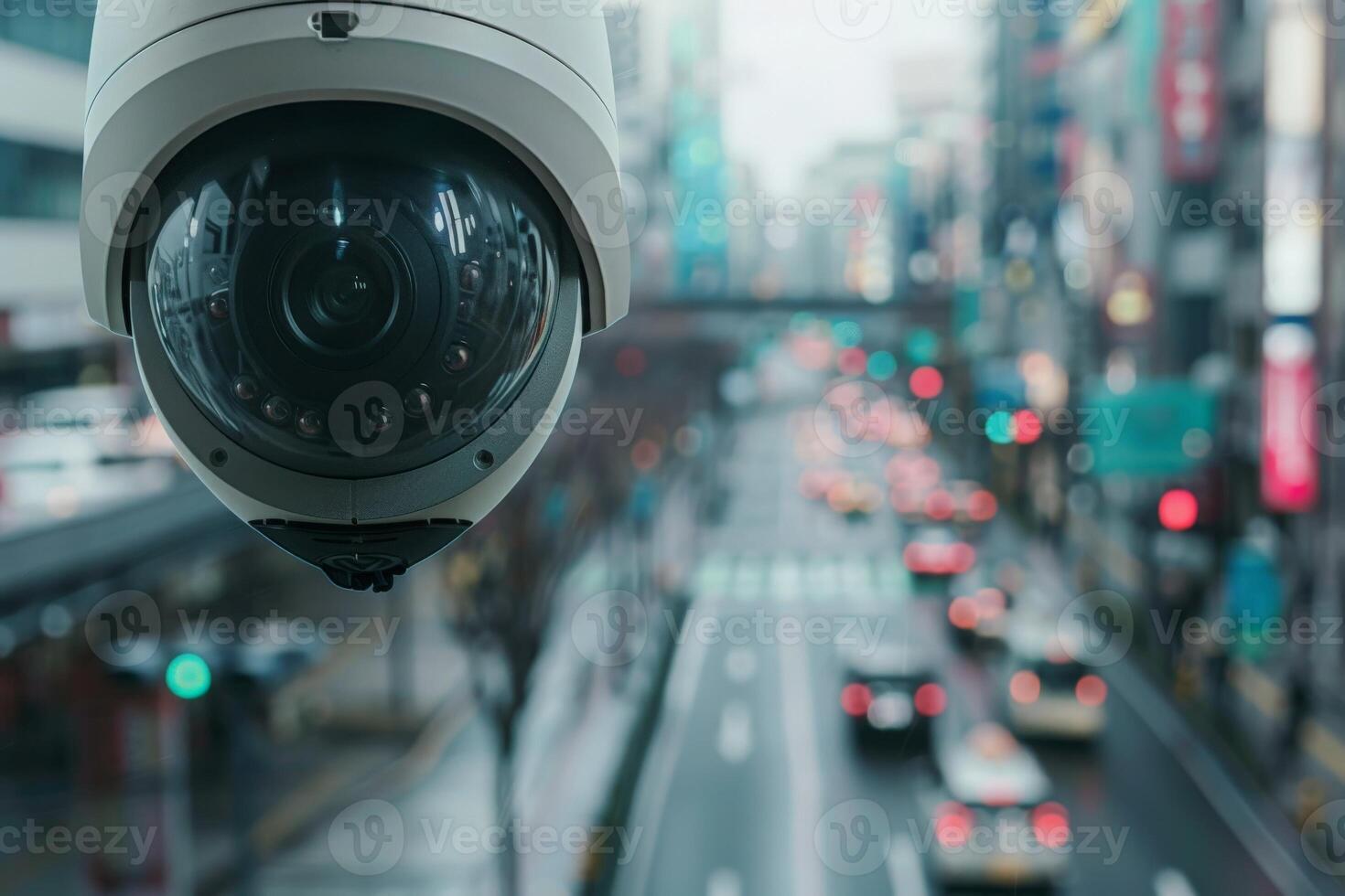 AI generated An AI-powered surveillance camera hangs from the side of a building, diligently monitoring its surroundings. photo