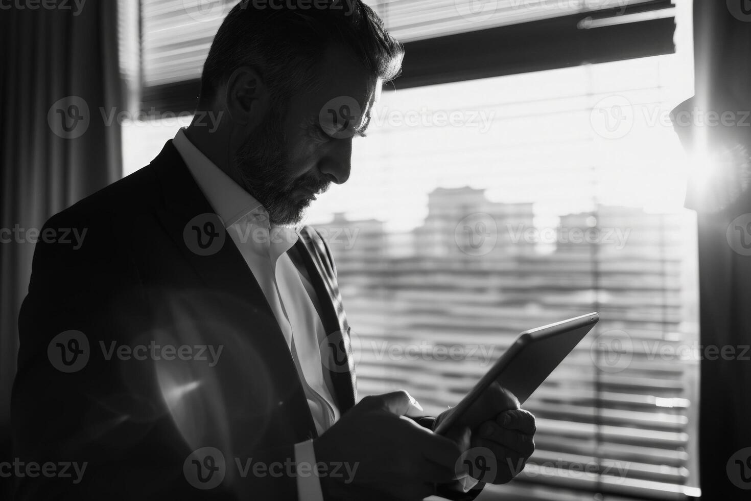 AI generated A businessman in a sleek suit carefully analyzes a document in his hand, his focused expression indicating deep thought and decision-making. photo
