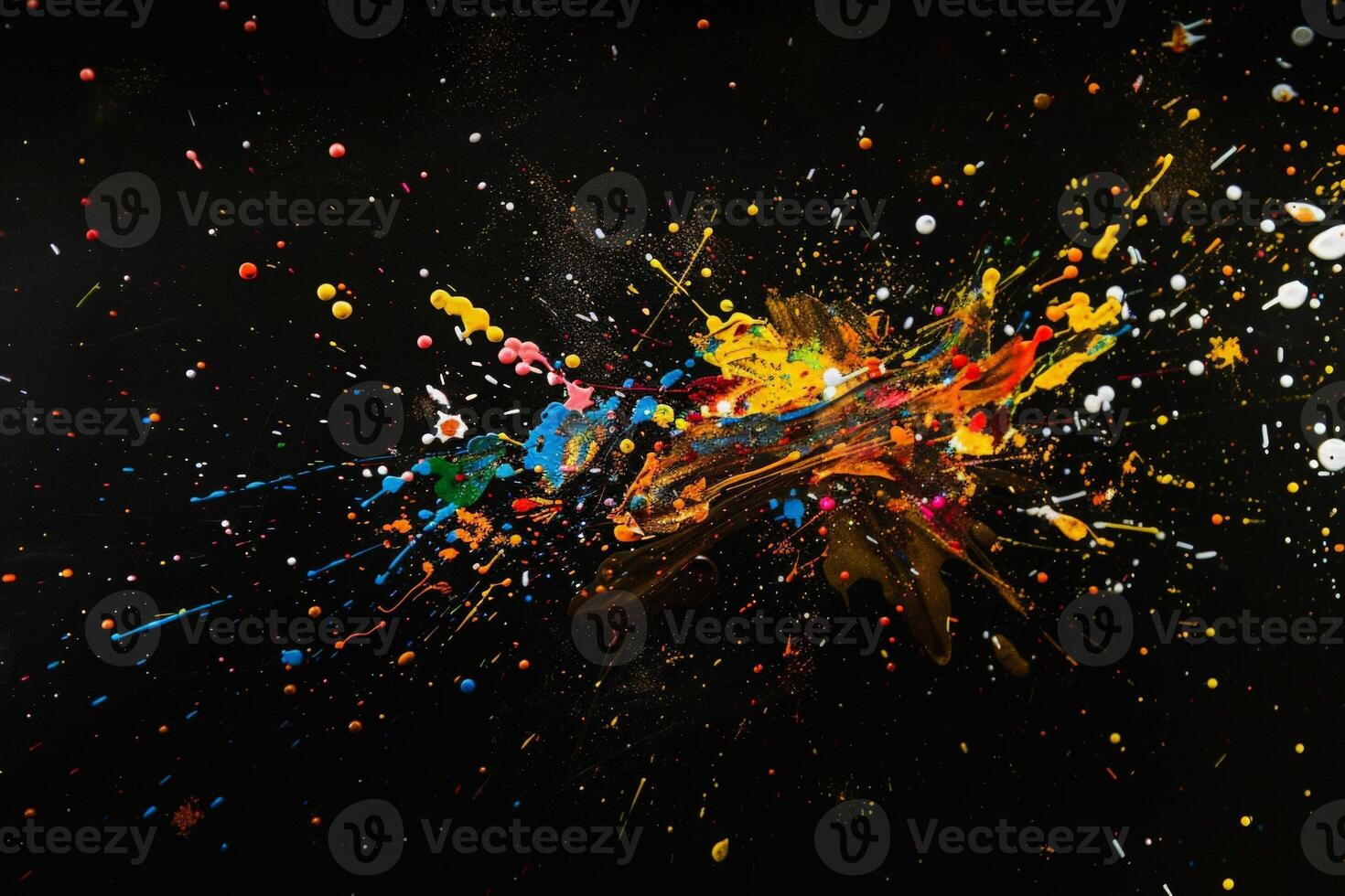 AI generated An isolated vibrant spray of paint splatters against a deep black background, creating a vivid and dynamic visual display. photo