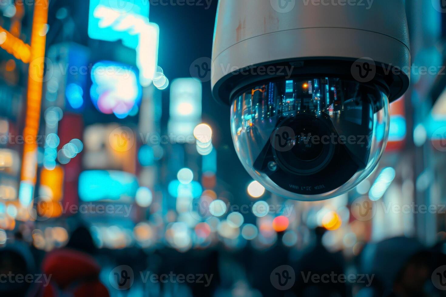 AI generated A close up of an AI-powered surveillance camera monitoring a bustling city street. photo
