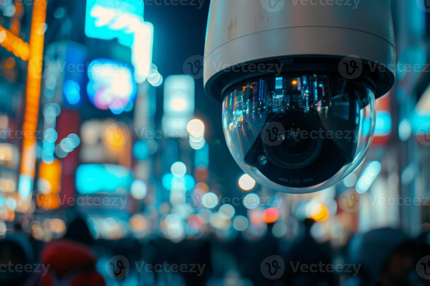 ai generado un cerca arriba de un alimentado por ai vigilancia cámara supervisión un bullicioso ciudad calle. foto