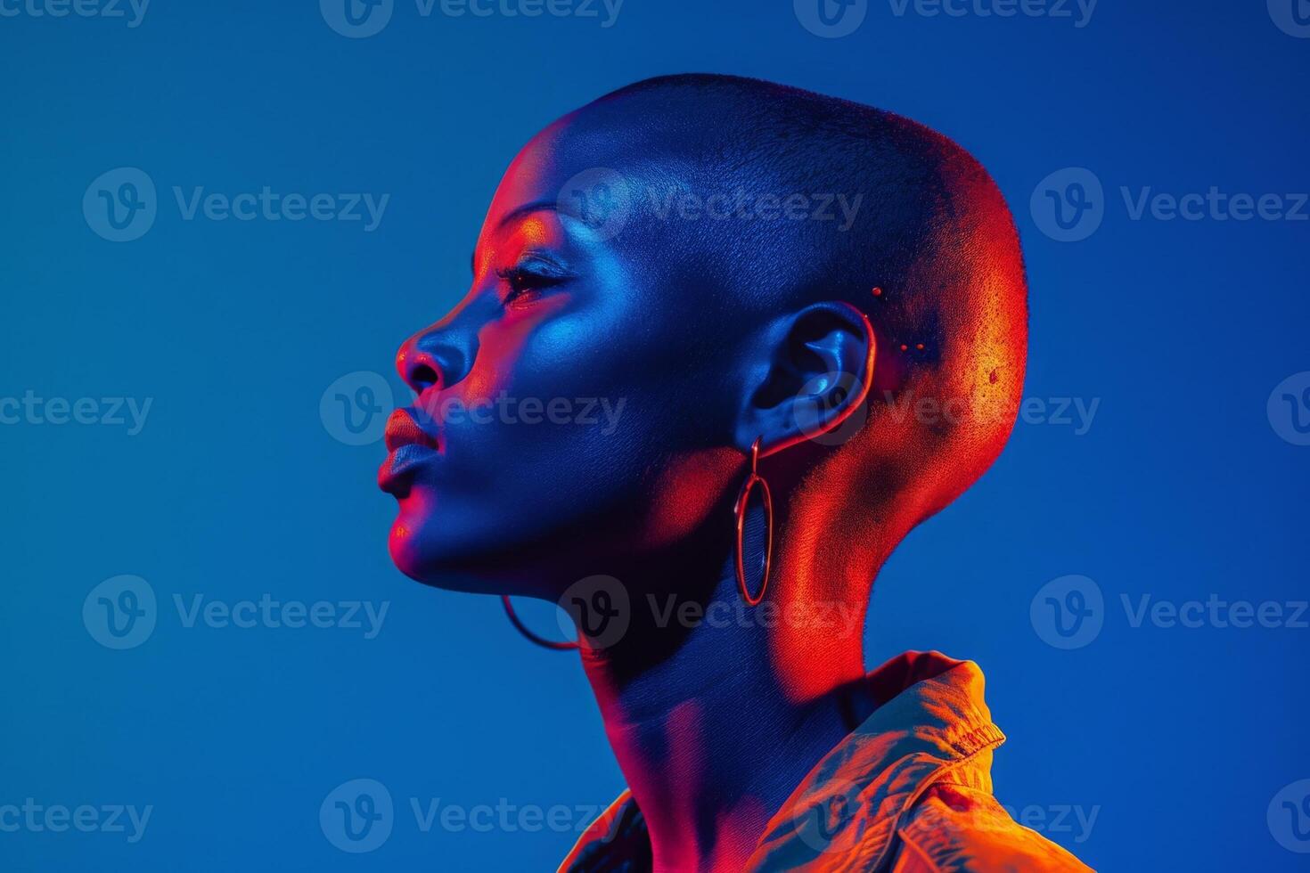 AI generated A woman bathed in striking blue and red lighting, creating a mesmerizing contrast on her face. photo