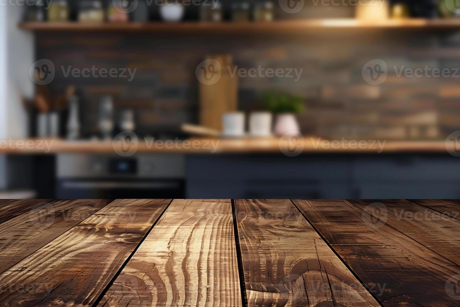 AI generated brown wooden kitchen table blurry background photo