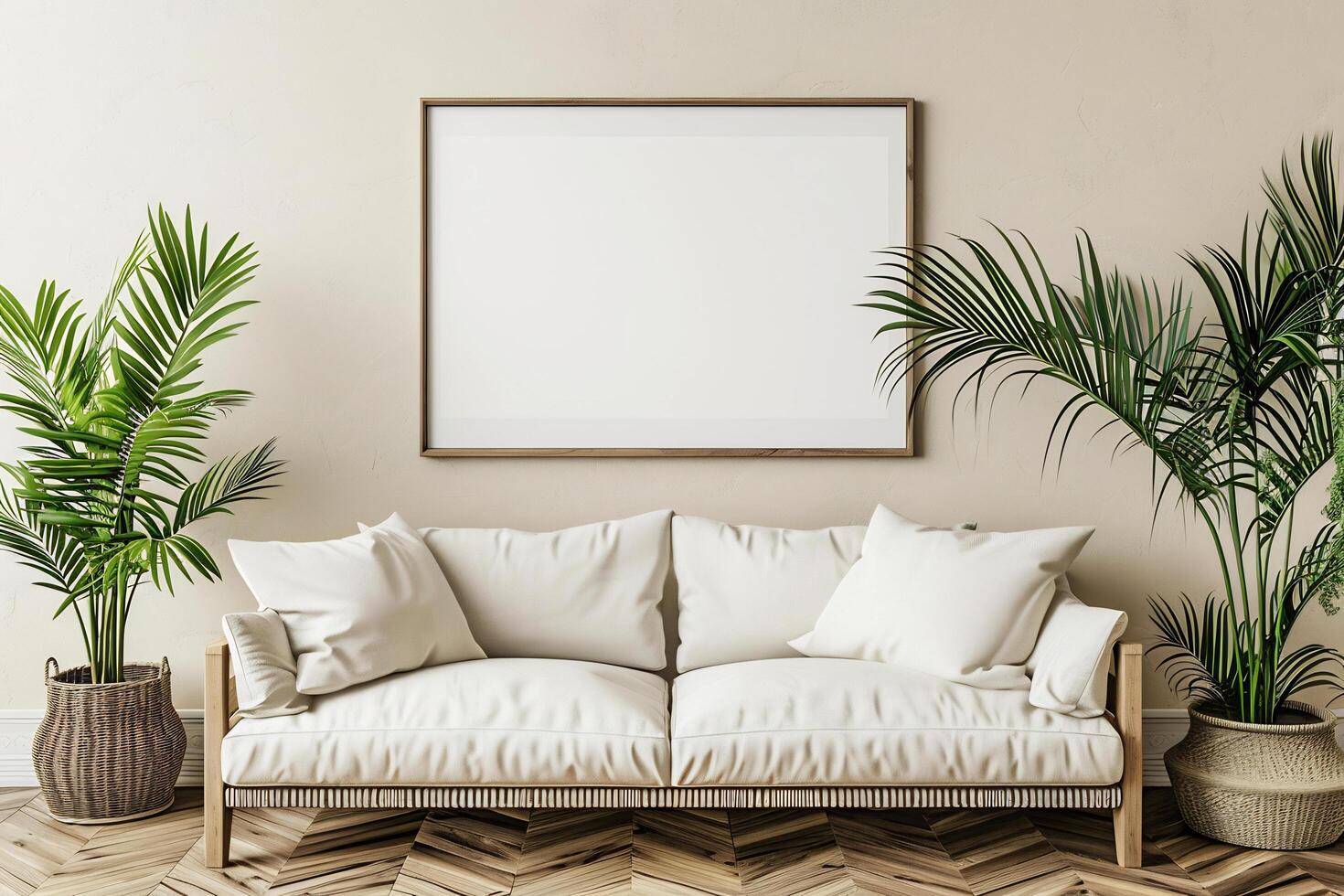ai generado elegante vivo habitación interior con blanco sofá y blanco blanco lona en el pared foto