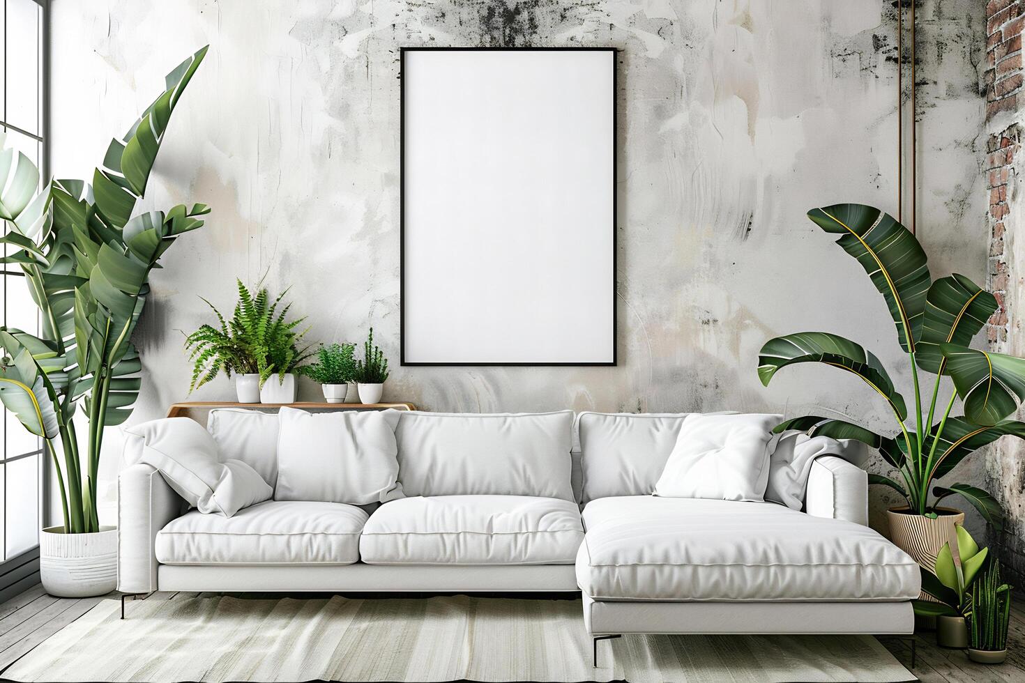 AI generated Stylish living room interior with white sofa and blank white canvas on the wall photo
