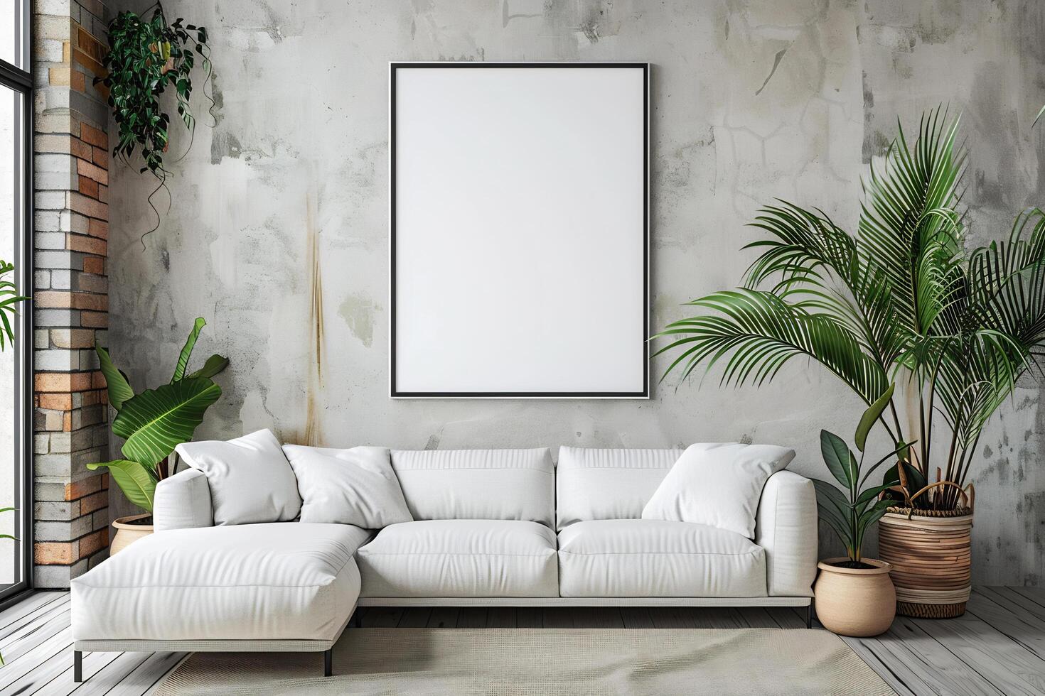 ai generado elegante vivo habitación interior con blanco sofá y blanco blanco lona en el pared foto