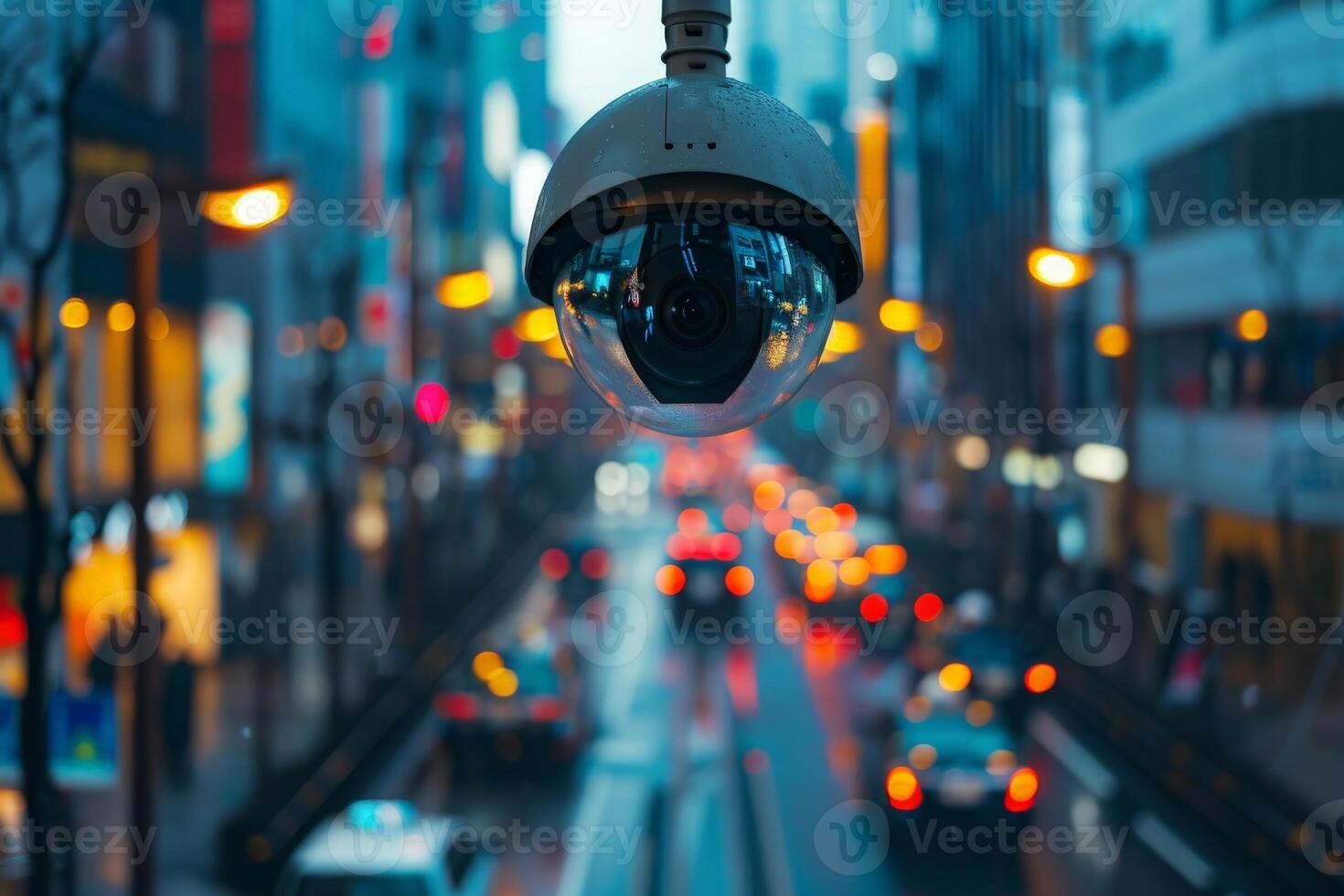 AI generated Close up of an AI-powered surveillance camera mounted on the side of a building, monitoring the surroundings. photo
