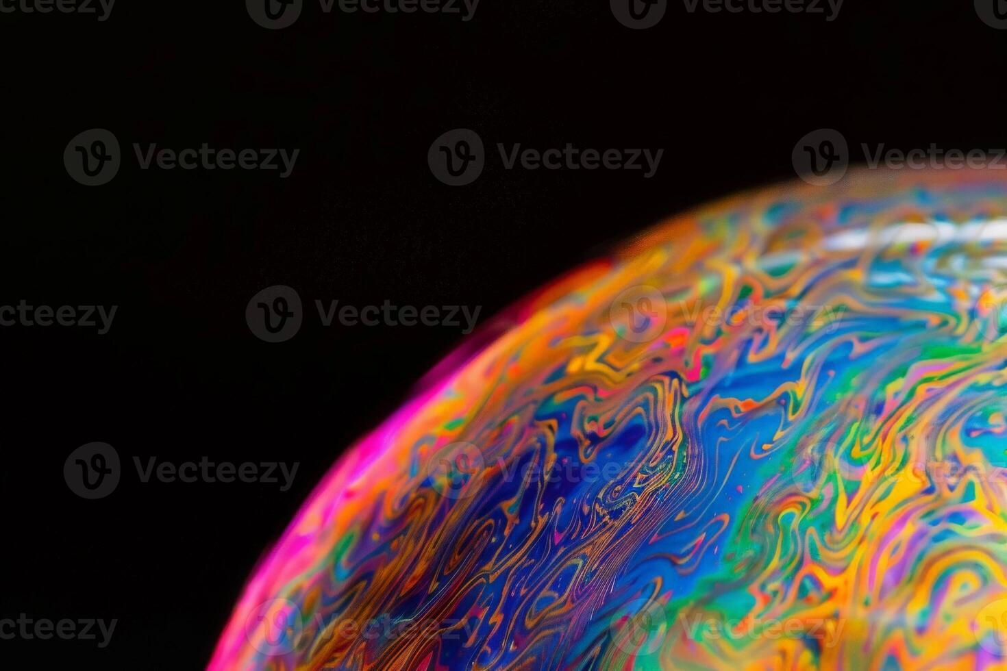 AI generated Close-up of a soap bubble showing vibrant colors and abstract patterns, reflecting light on a black background. photo