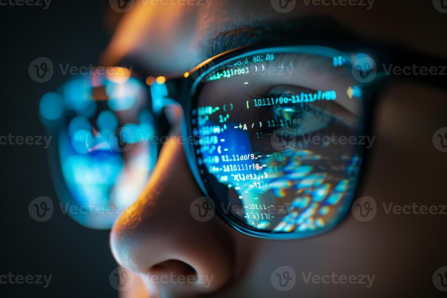 AI generated Close-up of a person wearing glasses, showcasing their unique style and personality through their choice of eyewear. photo