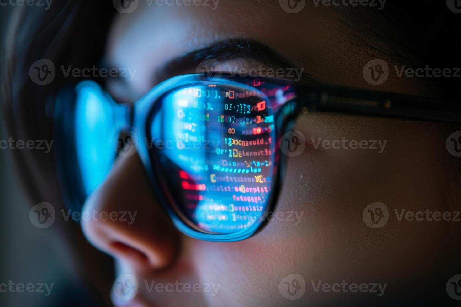 AI generated A close up of a person wearing unique glasses, reflecting a sequence of binary code, creating an artful and enigmatic visual. photo