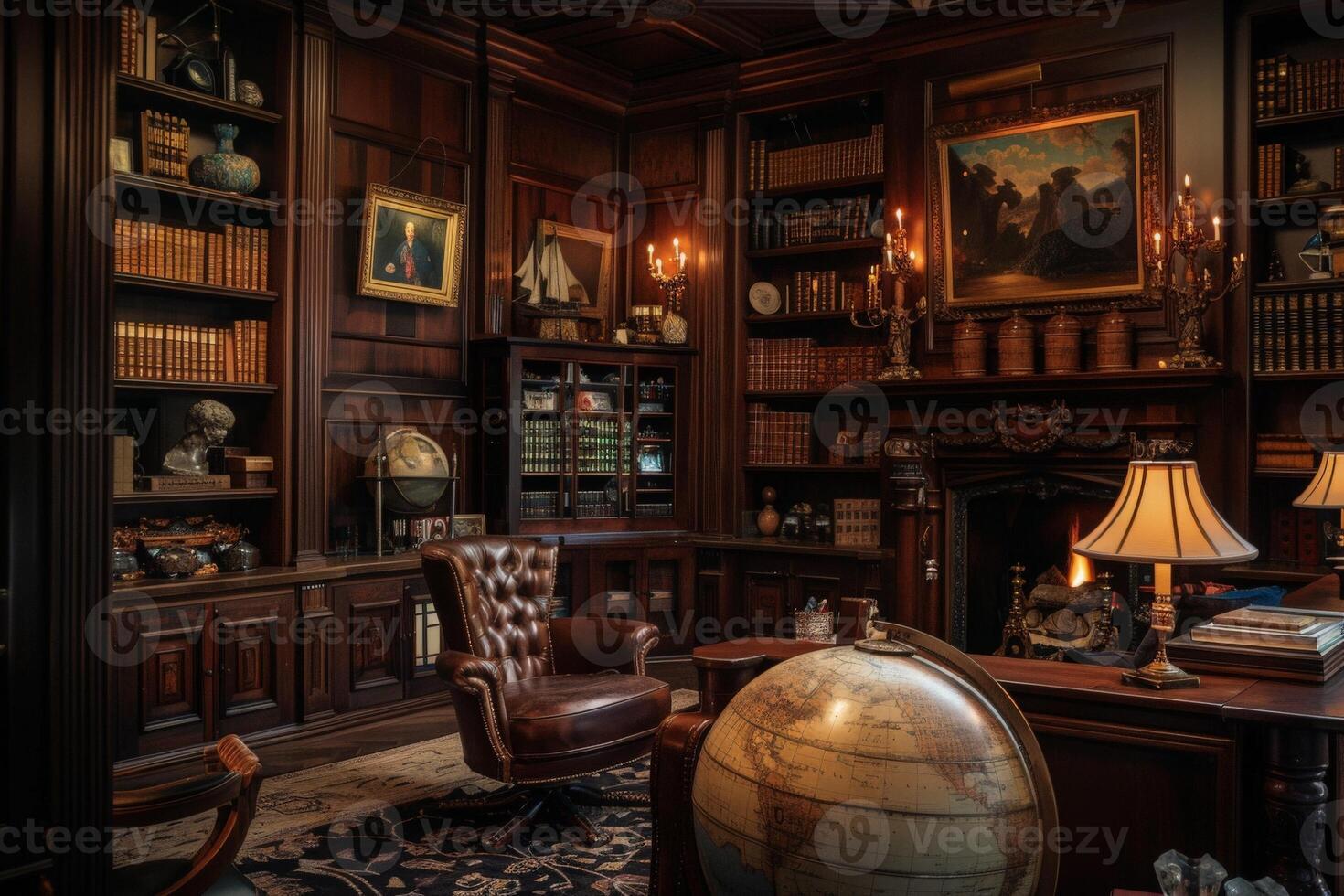 AI generated A cozy library setting with a majestic globe sitting on a wooden table beside a solitary chair. photo