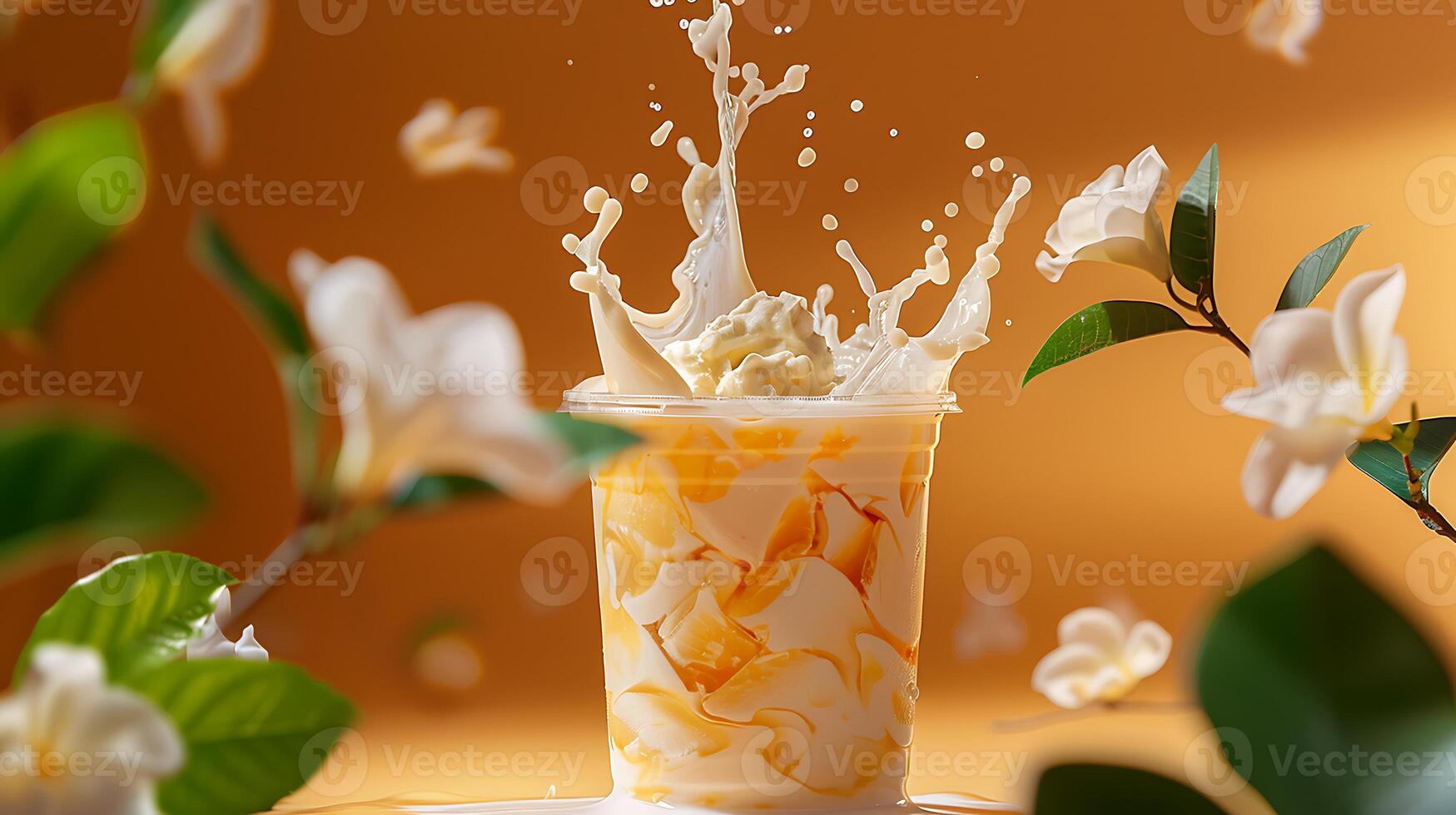 AI generated splash of milkshake with exploding banana slices amid milk splashes on a yellow orange background, photo