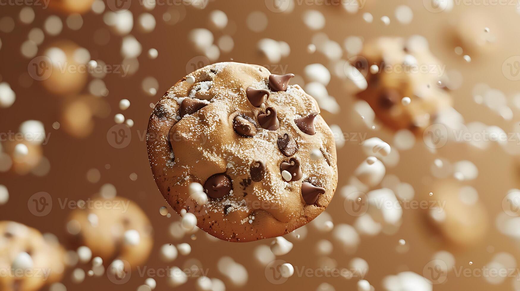 AI generated The chocolate chip cookie biscuit levitates in the air on bokeh background. photo