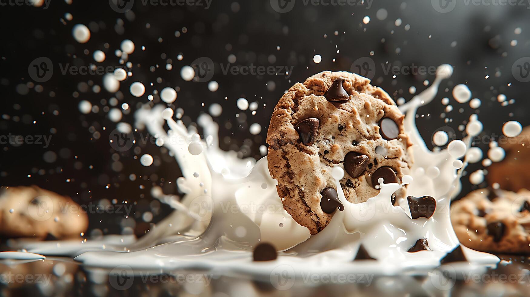 AI generated chocolate chip cookies with milk splashes photo