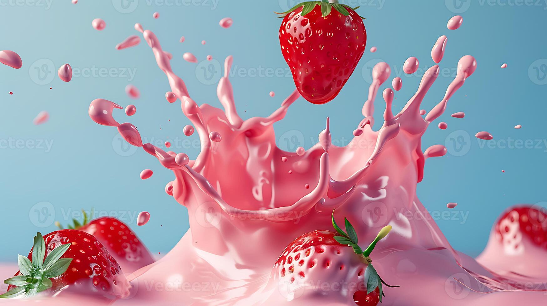 ai generado rosado Leche chapoteo con fresas aislado en azul antecedentes foto