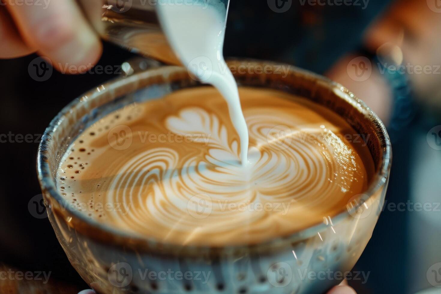 AI generated A baristas hand gracefully pours milk into a cup of coffee, creating a swirling masterpiece of contrasting colors and textures. photo