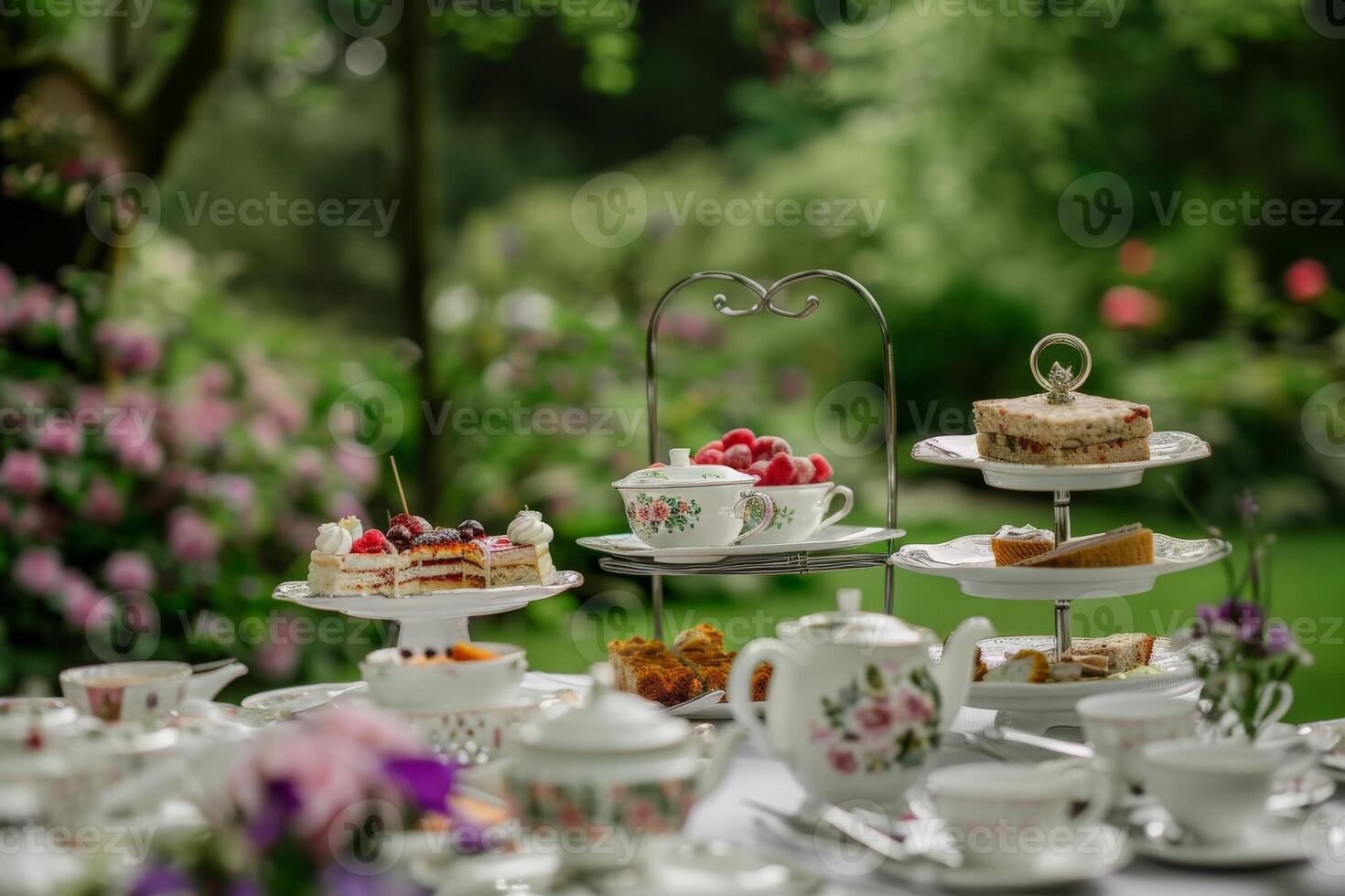 AI generated A table adorned with exquisite plates of food and delicate cups of tea, set in an elegant afternoon tea setting within an old estate. photo