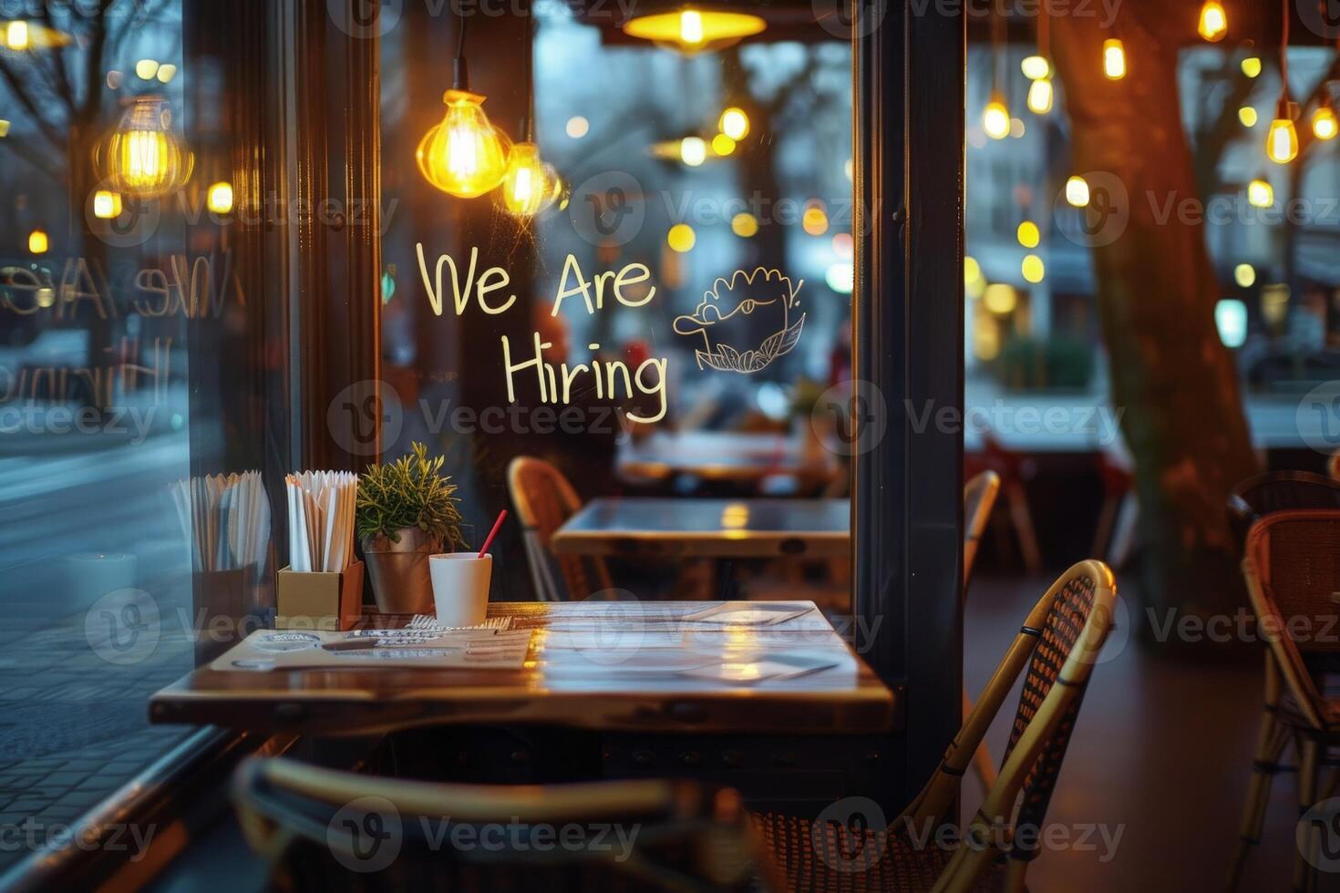 AI generated A quaint cafe displaying a We Are Hiring sign in its window, inviting potential candidates to join their team. photo