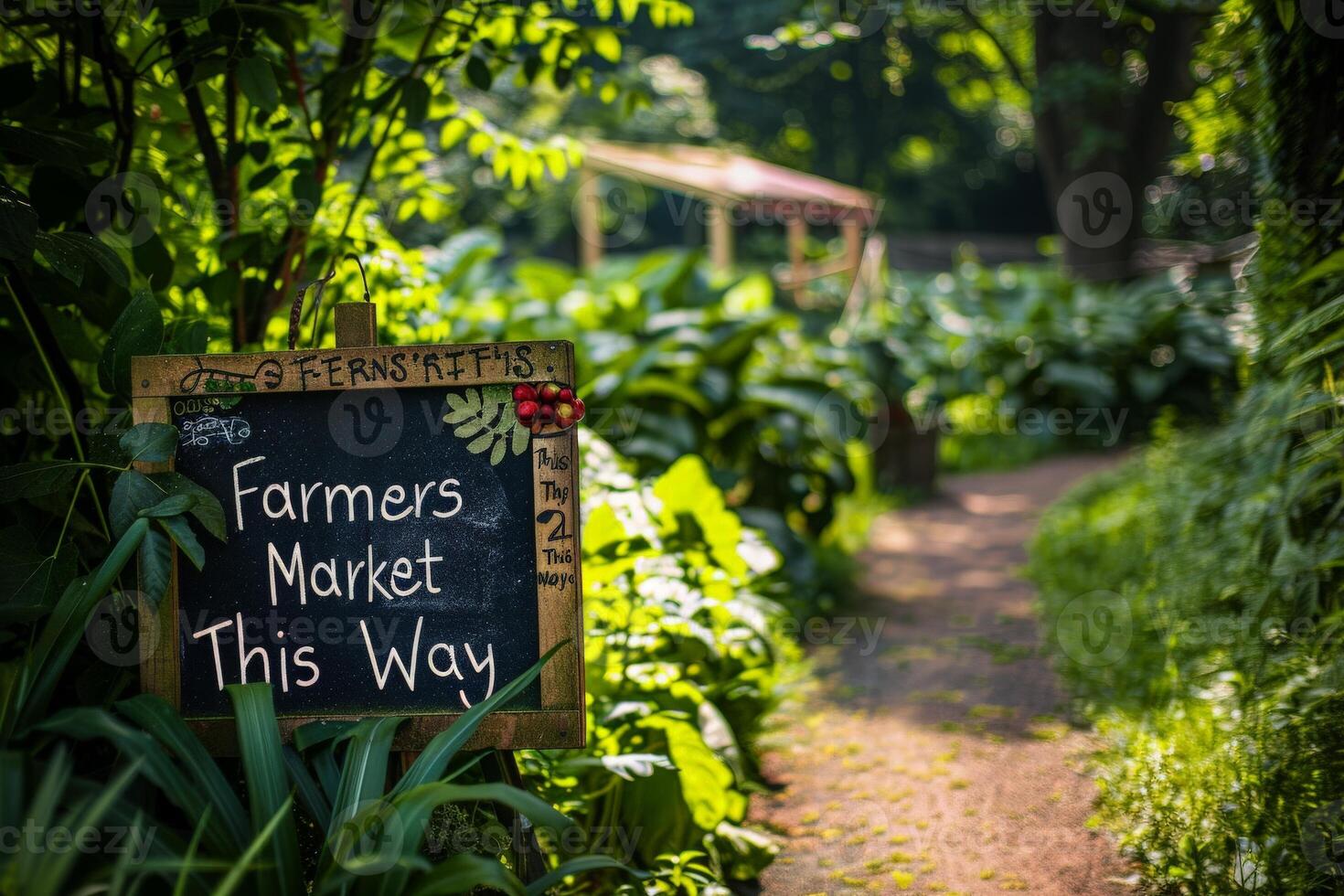 ai generado un pintado a mano firmar leyendo agricultores mercado esta camino soportes fuera en contra un vistoso fondo, estrella de guía visitantes a Fresco Produce y artesanal bienes. foto